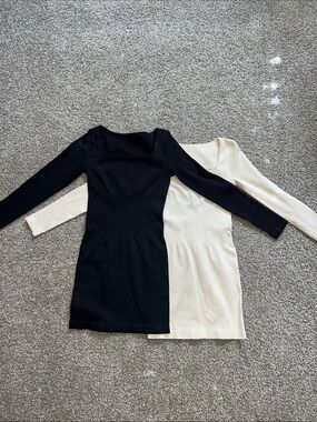 OQQ Black & Cream Mini Dresses with Square Neck - Classic Long Sleeve